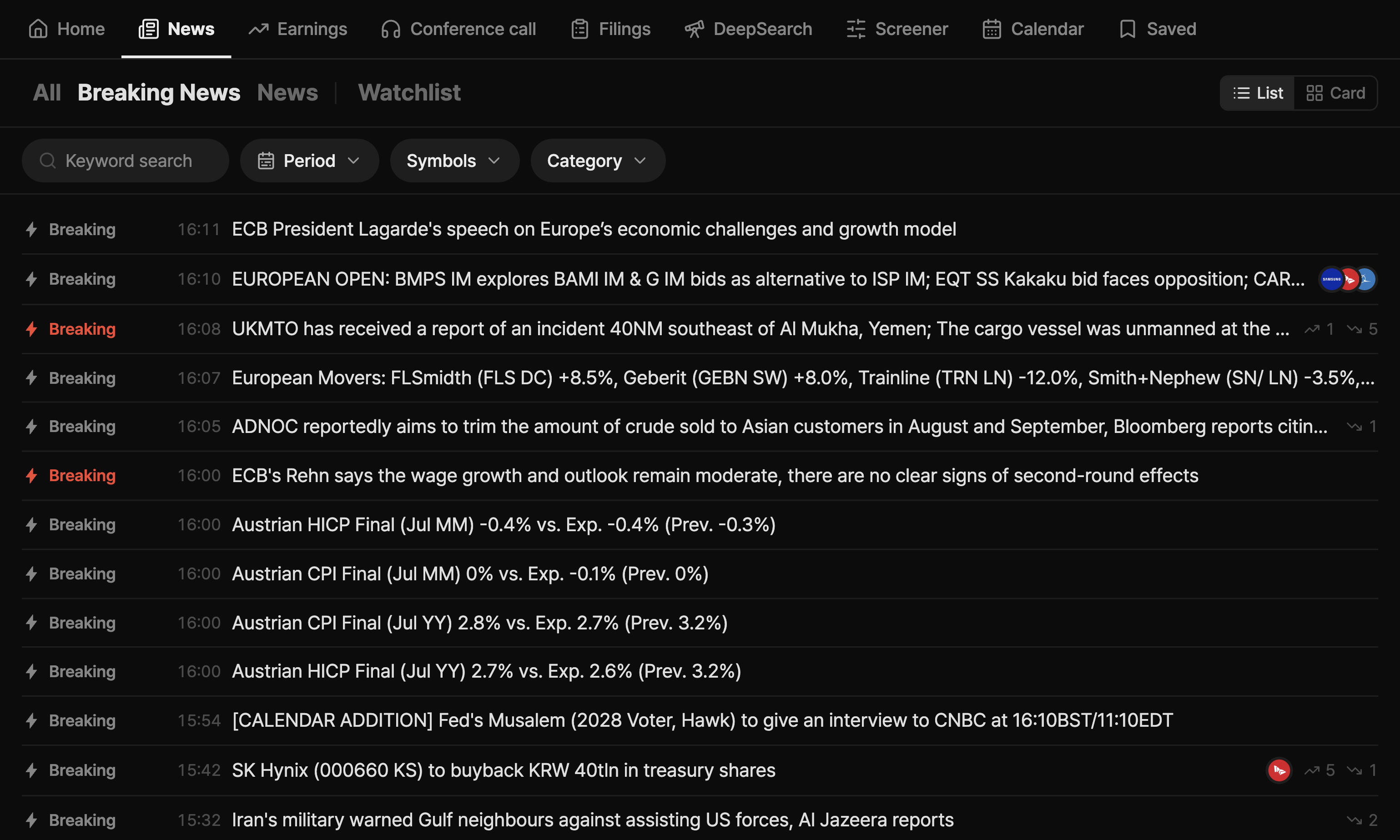 Breaking news screen example: Fed rate cut, NVIDIA guidance, and Apple buyback flashes listed with elapsed time