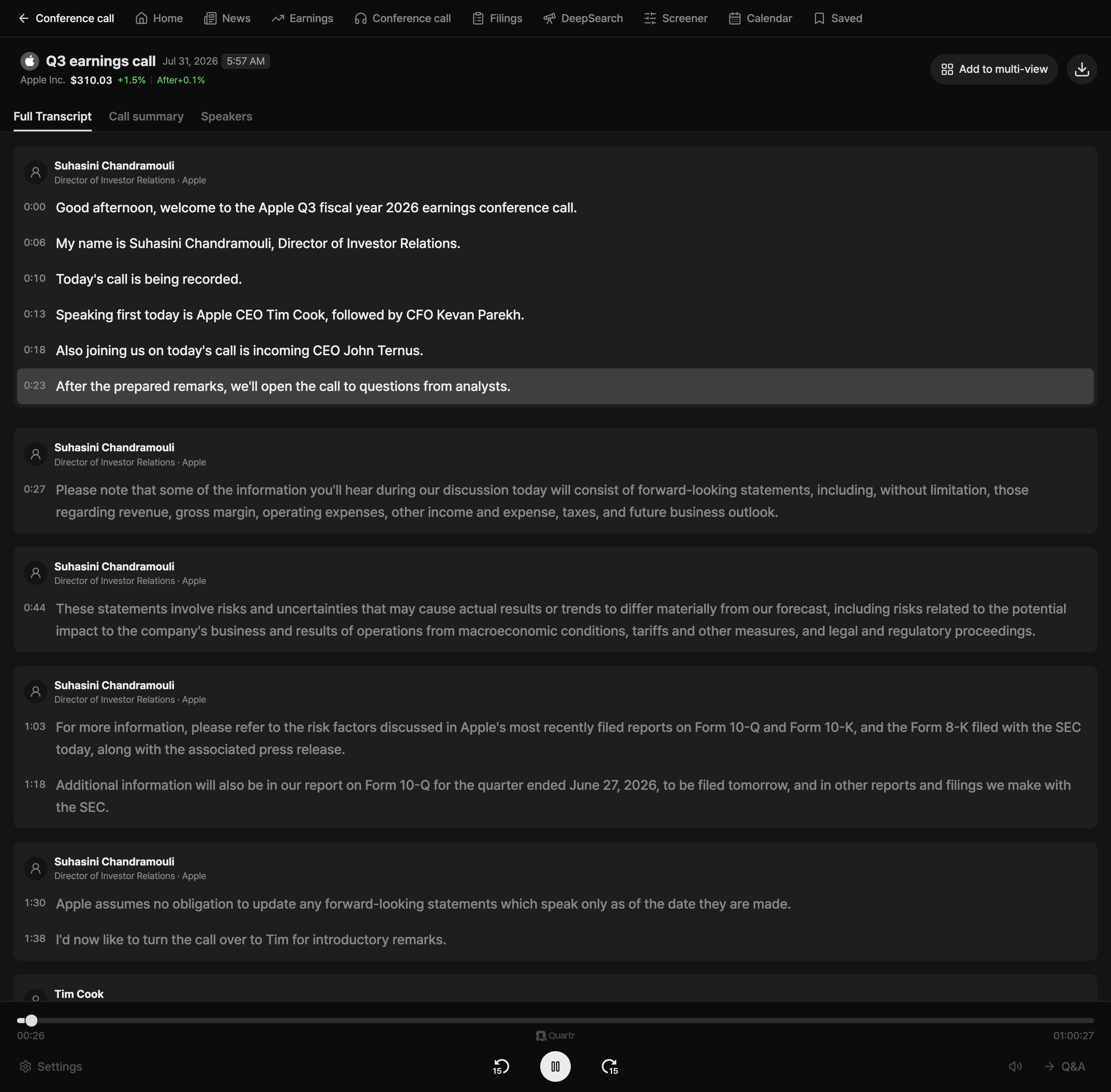 Live earnings call translation screen example: captions from NVIDIA's conference call shown with the time of each remark