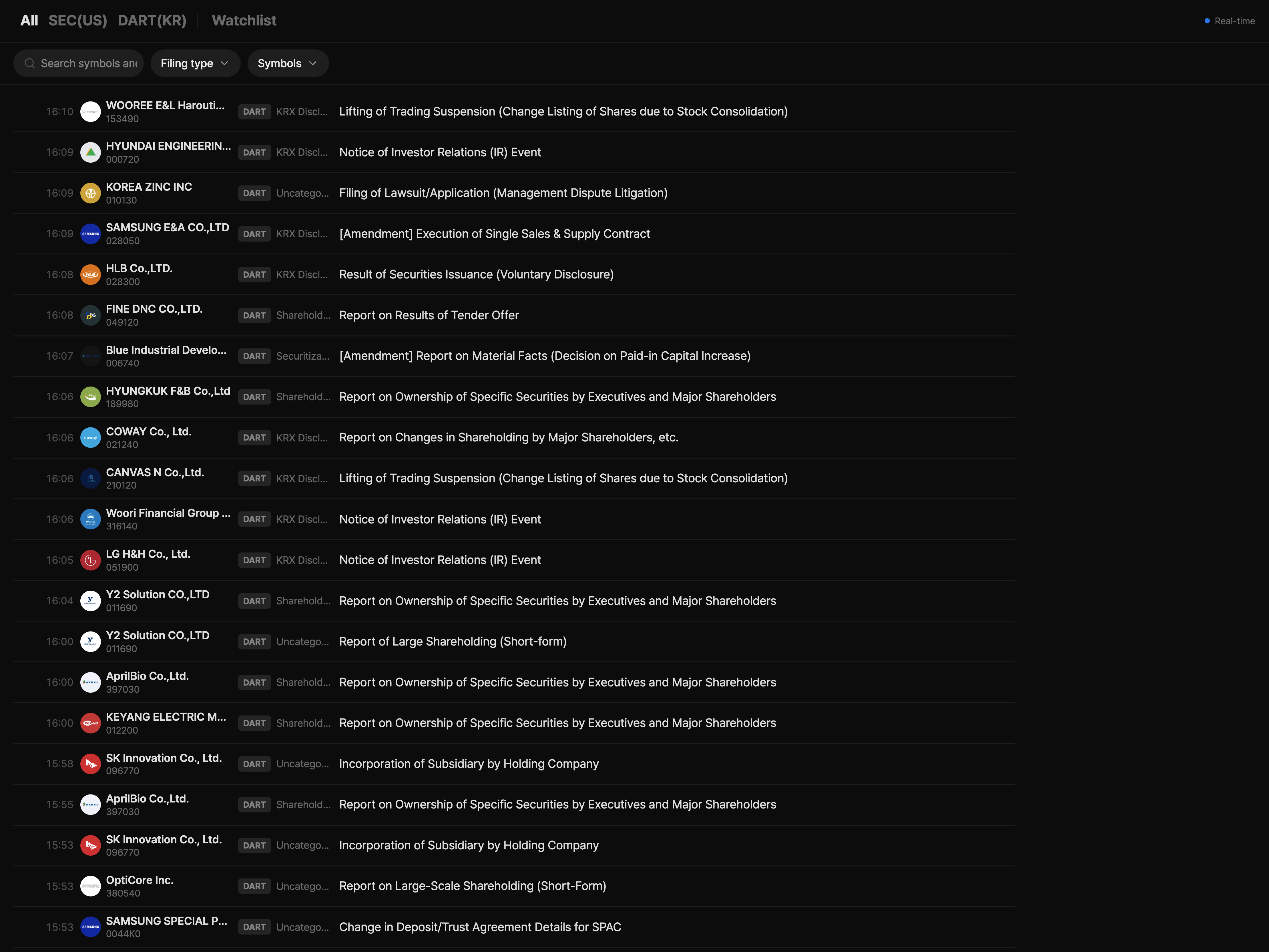 Filings screen example: SEC 8-K, 10-Q, and 8-K entries from NVIDIA, Apple, and Microsoft listed with upload times