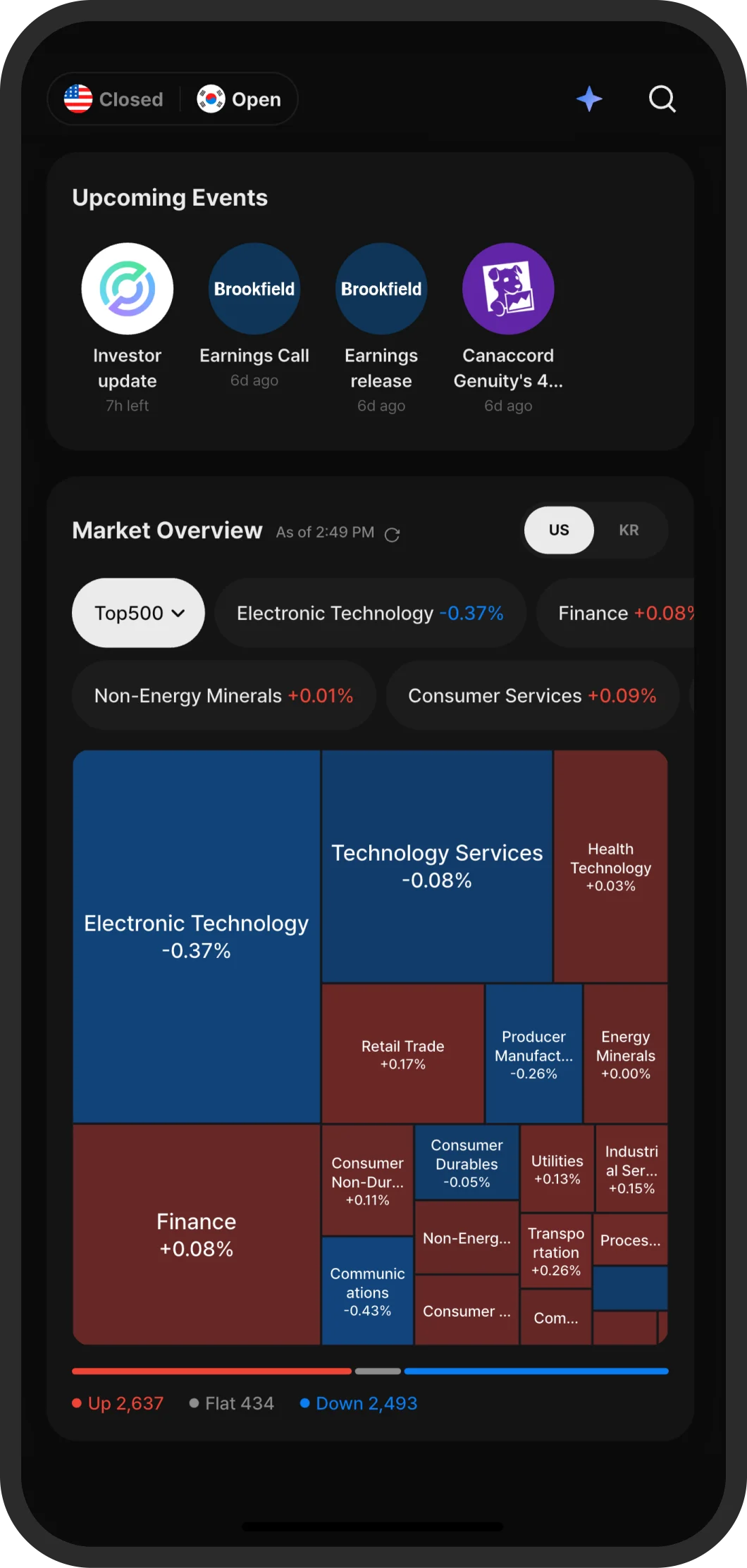 Mobile app screen example: a phone showing watchlist tickers with daily change alongside the latest breaking news