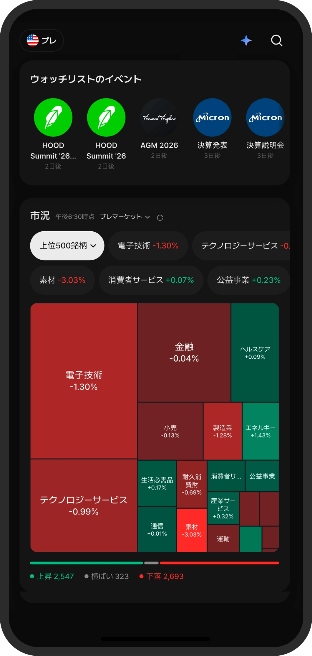 モバイルアプリ画面の例:ウォッチリスト銘柄の騰落率と最新の速報が表示されたスマートフォン画面